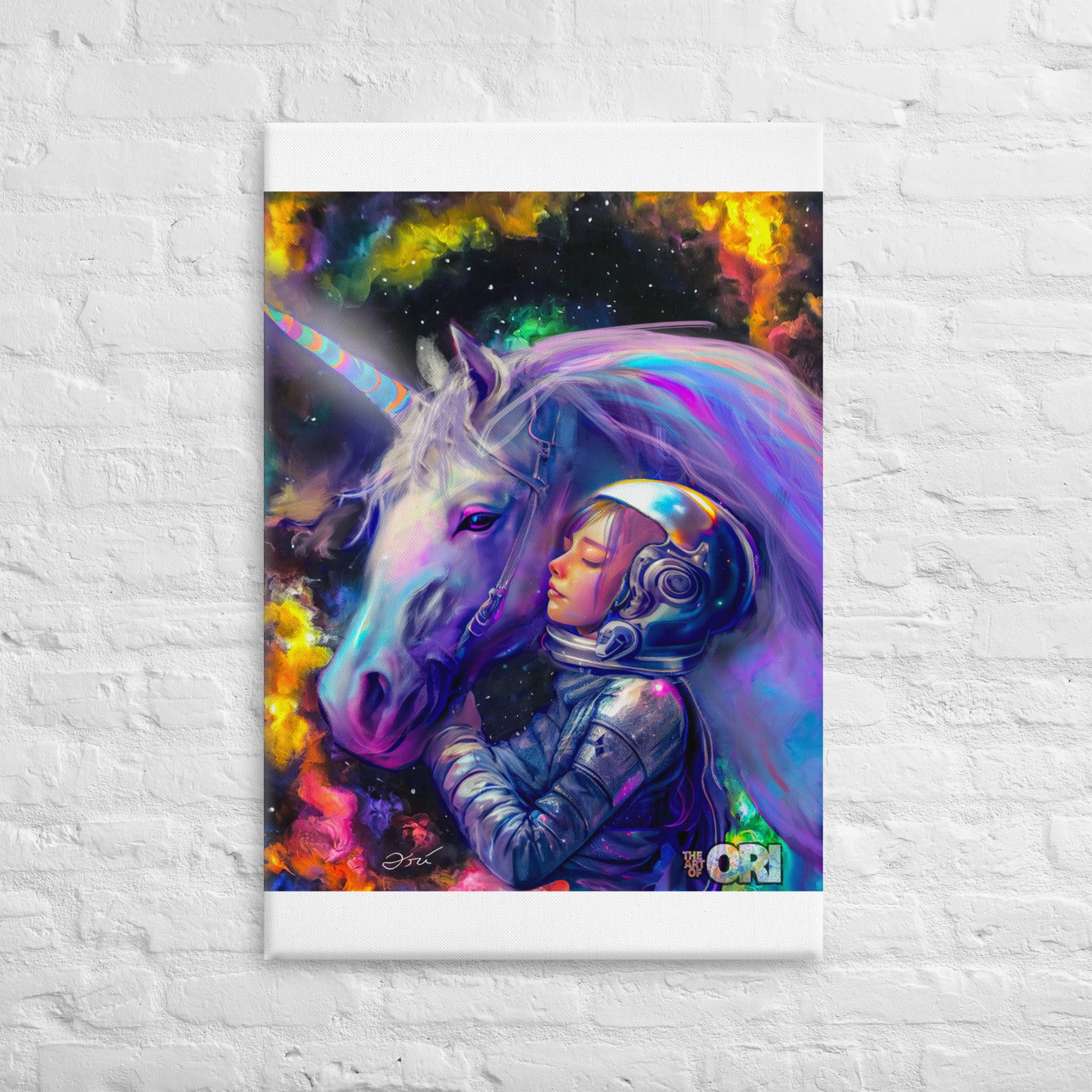 36″ X 24″ CANVAS PRINT Astronaut Girl With Space Unicorn ( Artist Ori Bengal) Bonus 1:111 NFT ( MInted April 8th, 2023)